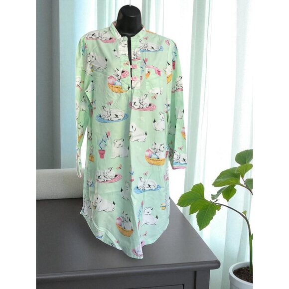 Nick & Nora Mint Green Long Sleeve Nightshirt With Cat Print & Mandarin Collar - Picture 3 of 12